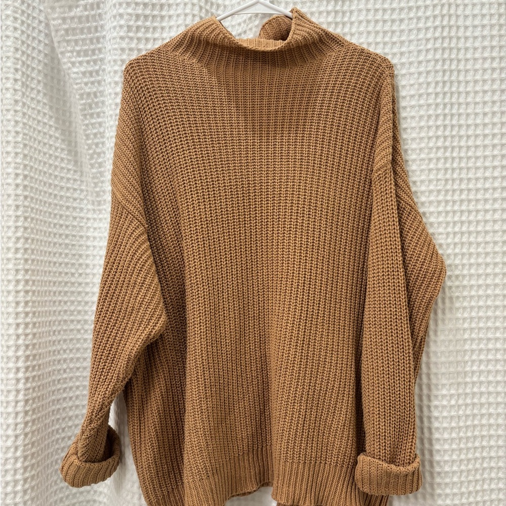 American Eagle Outfitters Tan Cowl Neck Sweater with Relaxed Fit and Ribbed Knit